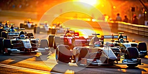 Group of F1 cars in full race with blurred sunset background . AI generated