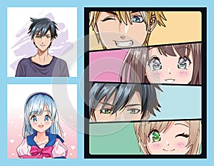 Group of faces young people anime style characters photo