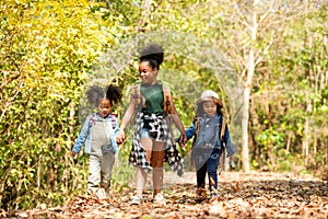 Group family children checking map for explore and find directions in the camping jungle nature