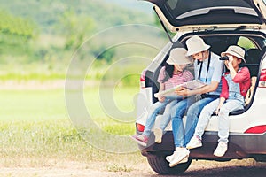 Group family children travel on car for adventure nature in vacations