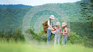 Group family children travel on car for adventure nature in vacations.