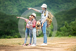Group family children travel on car for adventure nature in vacations.