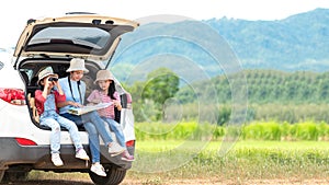 Group family children travel on car for adventure nature in vacations.