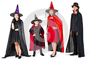 Group of family in fancy costume multiple style on white background. Concept for funny activity in halloween festival photo