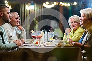 A group of family friends, comprising a young grandson and older individuals, share a delightful dinner in a modern