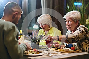 A group of family friends, comprising a young grandson and older individuals, share a delightful dinner in a modern