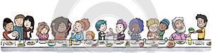Group of Family and Friends Eating at a large Dining Table White Background