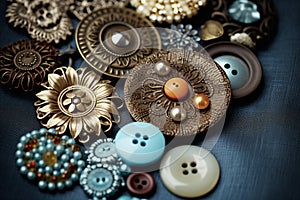 Group of fancy antique buttons and brooches, close-up.