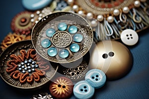 Group of fancy antique buttons and brooches, close-up.