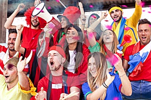 Group of fans dressed in various colors watching a sports event