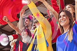 Group of fans dressed in various colors watching a sports event