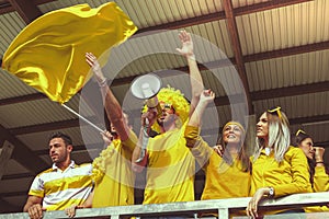 Group of fans dressed in yellow color watching a sports event