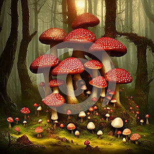 Group of fantasy fly agaric mushrooms growing in magical forest