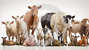 Group of farm animals cow, sheep, horse, donkey, chicken, lamb, ewe, goat, pig in front of a white background