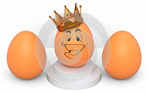 Group of farm brown chicken eggs and unique egg with funny face and gold crown