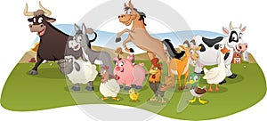 Group of farm cartoon animals. Farm background. photo