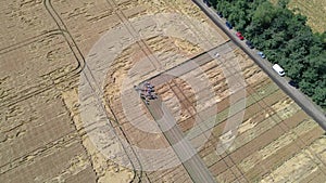A group of farmers in a field with wheat. aerial video