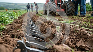 A group of farmers intently observe a biofuelpowered plough in action its sharp blades effortlessly slicing through the