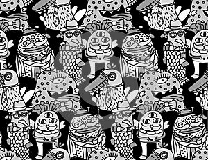 Group fashion aliens different freaks grayscale seamless pattern photo