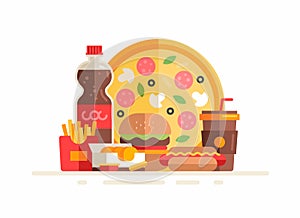 Group of fastfood meals and beverages. Pizza, fries, hamburger, hot dog, soda