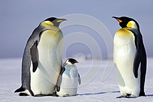 Group of fat emperor penguins with cub standing against blue sky.