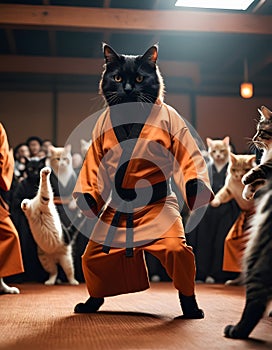 A group of Felidae, small to mediumsized cats, are practicing karate in a room