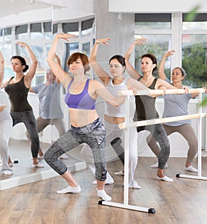 Group of female beginners performing plie at barre