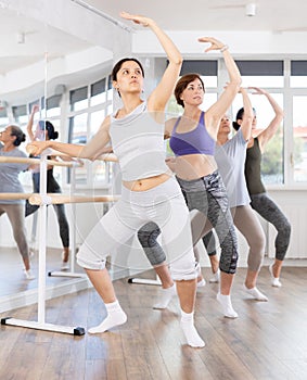 Group of female beginners performing plie at barre