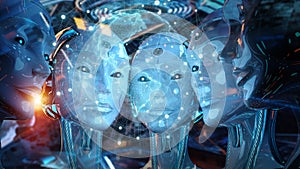 Group of female robots heads watching world map interface 3d rendering