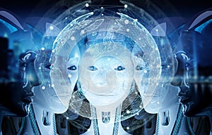 Group of female robots heads watching world map interface 3d rendering