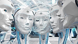 Group of female robots heads watching world map interface 3d rendering