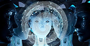 Group of female robots heads watching world map interface 3d rendering