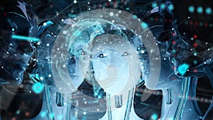 Group of female robots heads watching world map interface 3d rendering