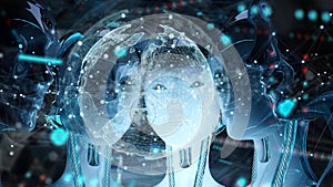 Group of female robots heads watching world map interface 3d rendering