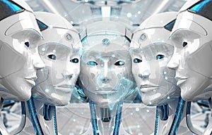 Group of female robots heads watching world map interface 3d rendering