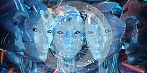 Group of female robots heads watching world map interface 3d rendering