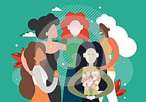Group of feminists, diverse women hugging together, flat vector illustration. Feminism, women empowerment, race equality