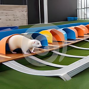 A group of ferrets racing in a high-tech obstacle course with automated timers and sensors1