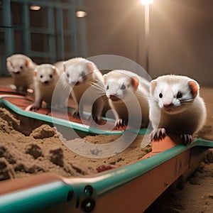 A group of ferrets racing in a high-tech obstacle course with automated timers and sensors2