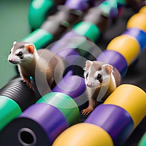 A group of ferrets racing in a high-tech obstacle course with automated timers and sensors3