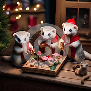 A group of ferrets in a tiny Santas workshop, crafting miniature gifts1