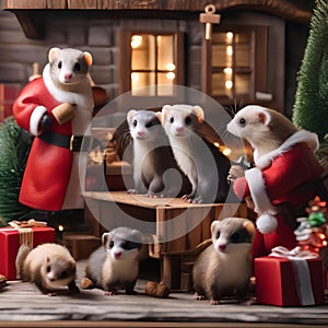 A group of ferrets in a tiny Santas workshop, crafting miniature gifts2