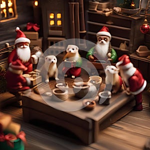 A group of ferrets in a tiny Santas workshop, crafting miniature gifts4