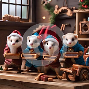 A group of ferrets in a tiny Santas workshop, crafting miniature gifts5
