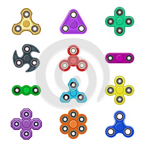 Group fidget spinner stress relieving toy colorful anti stress kids game plaything vector illustration.