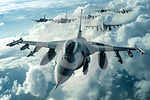 A group of fighter jets flying through the sky above the clouds. Generative AI