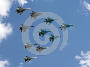 Group of fighter planes su-34, su-27 and SU-35S