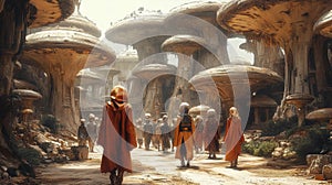 A group of figures in hooded attire walking through an ancient mushroom city photo