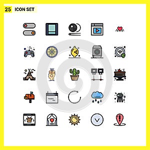 Group of 25 Filled line Flat Colors Signs and Symbols for control pad, heart, snooker, love, video