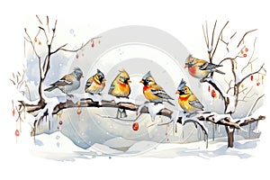 a group of finches pecking at suet on a snowy branch